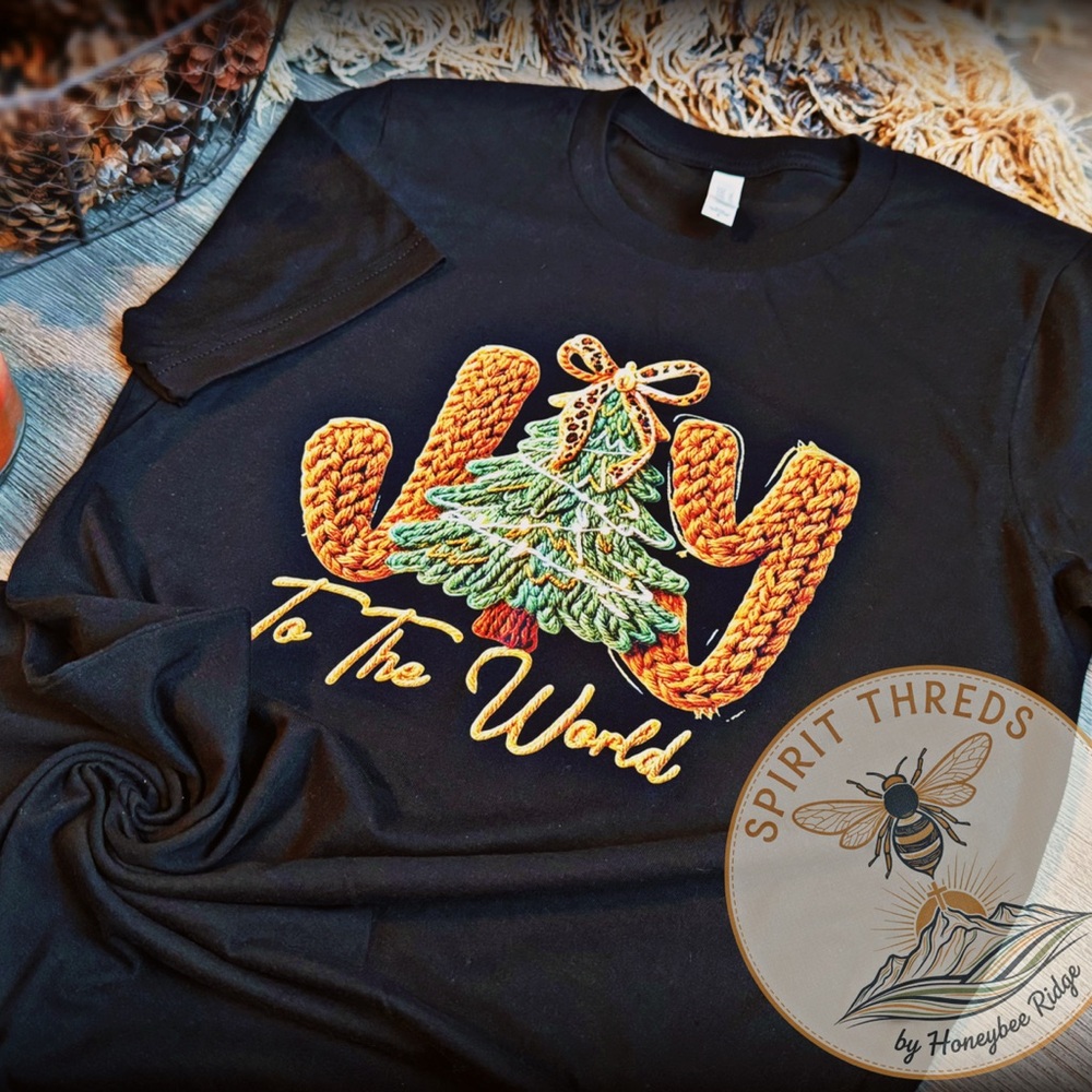 Comfort Colors Black Joy To The World T-Shirt*Faux Yarn DTF print*